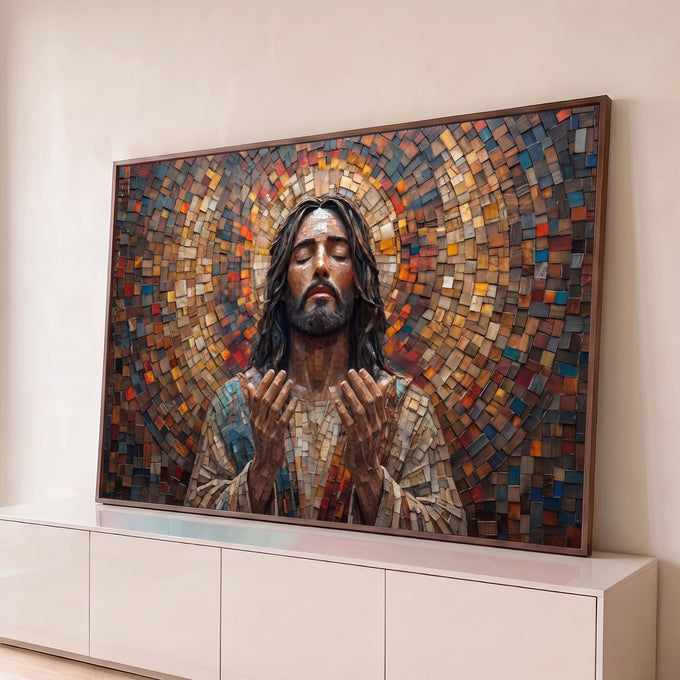 Jesus Cristo de olhos fechados e mãos abertas em mosaico de madeira colorido com halo, quadro decorativo