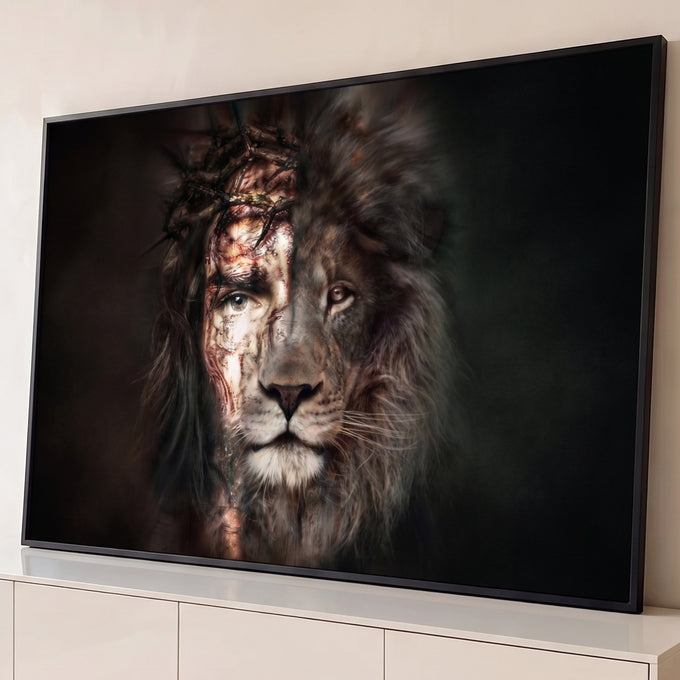 Quadro Decorativo Grande Rosto de Cristo para Sala Preto | quadros decorativos para sala | rosto humano com coroa de espinhos mesclado a face de leão em tons escuros | Porao dos Quadros