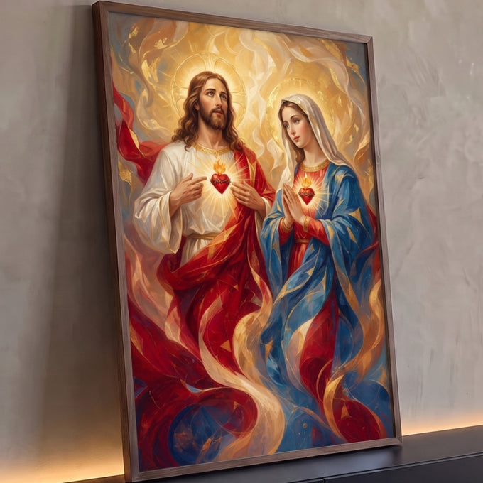 Quadro Decorativo Sagrados Corações de Jesus e Maria Dourado | quadros decorativos para sala | Jesus e Nossa Senhora com corações sagrados flamejantes e auréolas douradas | Porao dos Quadros