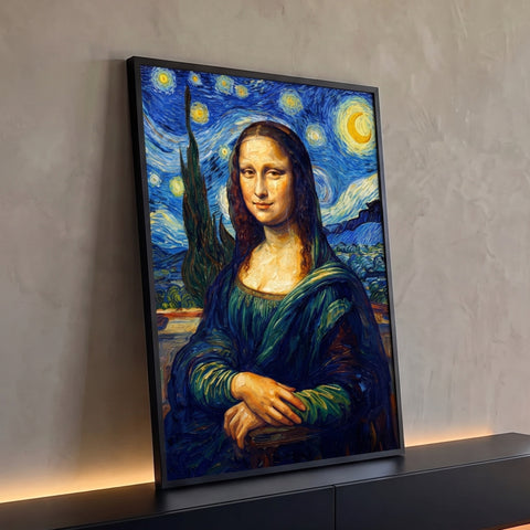 Mona Lisa pintada no estilo Van Gogh com céu estrelado azul, lua amarela e cipreste, quadro decorativo