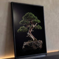 Quadro Decorativo Grande Árvore da Vida Verde para Sala | quadros decorativos para sala | bonsai de tronco retorcido sobre rocha com fundo preto | Porao dos Quadros