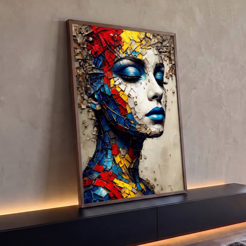 Rosto de mulher de olhos fechados e lábios azuis em mosaico vermelho, amarelo e azul, quadro decorativo