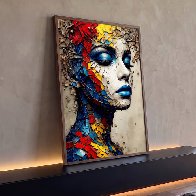 Rosto de mulher de olhos fechados e lábios azuis em mosaico vermelho, amarelo e azul, quadro decorativo