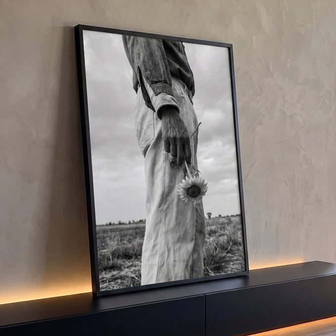 Quadro Decorativo Girassol na Mão em Preto e Branco | quadros decorativos para sala | mão segurando girassol invertido em fotografia preto e branco num campo aberto | Porao dos Quadros