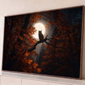 Coruja pousada em galho diante da lua cheia, cercada por folhas de outono alaranjadas, quadro decorativo