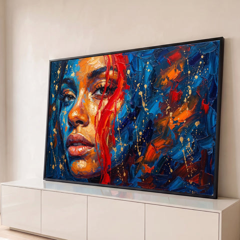 Rosto de mulher em óleo com espátula, azul e laranja, mecha vermelha e respingos dourados, quadro decorativo