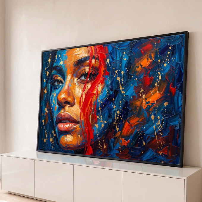 Rosto de mulher em óleo com espátula, azul e laranja, mecha vermelha e respingos dourados, quadro decorativo