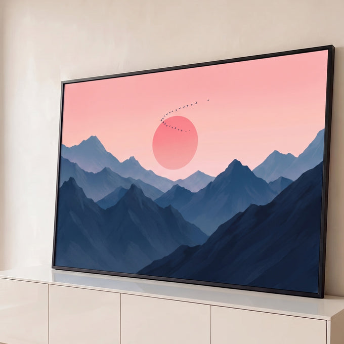 Quadro Decorativo Grande Sol e Montanhas para Sala Rosa | quadros decorativos para sala | montanhas azuis em camadas com sol rosa gigante e bando de pássaros voando | Porao dos Quadros