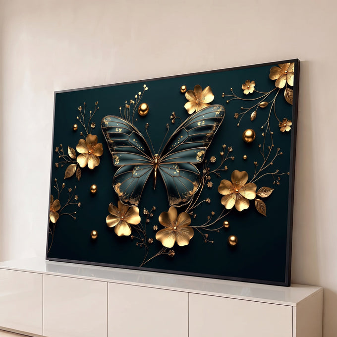 Borboleta azul-petróleo com flores e esferas douradas em relevo 3D sobre fundo escuro, quadro decorativo