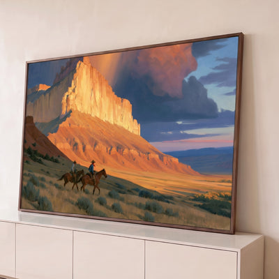 Quadro Decorativo Cavaleiros ao Pôr do Sol no Deserto