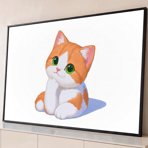 Ilustração de gatinho laranja e branco de olhos verdes com a pata no queixo, fundo branco, quadro decorativo