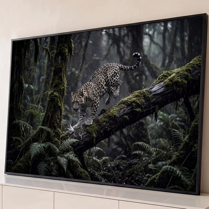 Quadro Decorativo Grande Leopardo Caminhando para Sala Preto | quadros decorativos para sala | leopardo manchado caminhando sobre tronco musgoso em floresta chuvosa e escura | Porao dos Quadros