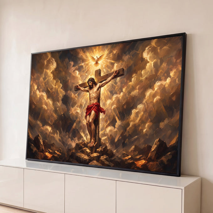 Quadro Decorativo Grande Jesus Crucificado Dourado para Sala | quadros decorativos para sala | Jesus crucificado com manto vermelho sob pomba branca em luz dourada intensa | Porao dos Quadros