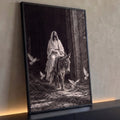 Quadro Decorativo Grande Jesus em Jumento para Sala Preto | quadros decorativos para sala | homem montado em jumento com pombas brancas voando, em preto e branco | Porao dos Quadros