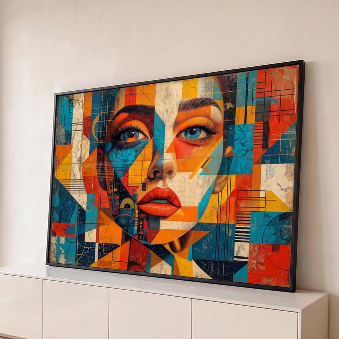 Quadro Decorativo Grande Rosto Feminino para Sala Laranja | quadros decorativos para sala | rosto feminino fragmentado em formas geométricas coloridas com olhos azuis e lábios vermelhos | Porao dos Quadros