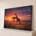 Girafa ao lado de acácia na savana africana, com sol se pondo e céu laranja e roxo, quadro decorativo
