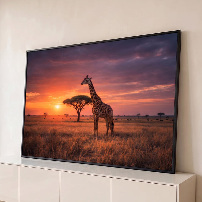Girafa ao lado de acácia na savana africana, com sol se pondo e céu laranja e roxo, quadro decorativo
