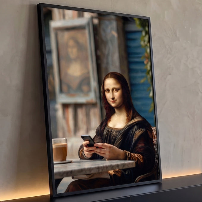 Quadro Decorativo Grande Mona Lisa Moderna para Sala Marrom | quadros decorativos para sala | mulher estilo Mona Lisa segurando celular numa mesa de café | Porao dos Quadros