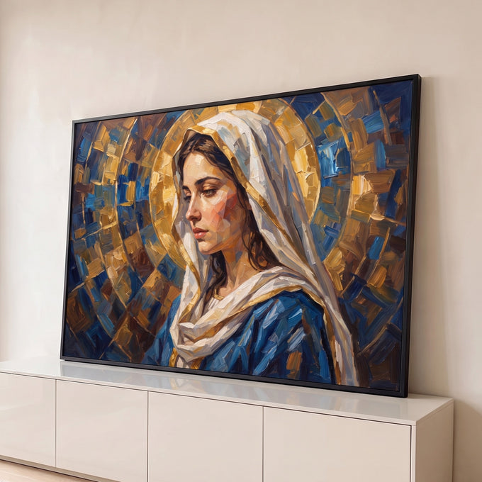 Quadro Decorativo Grande Nossa Senhora Azul para Sala Azul | quadros decorativos para sala | mulher de véu branco e manto azul com halo dourado em estilo mosaico | Porao dos Quadros