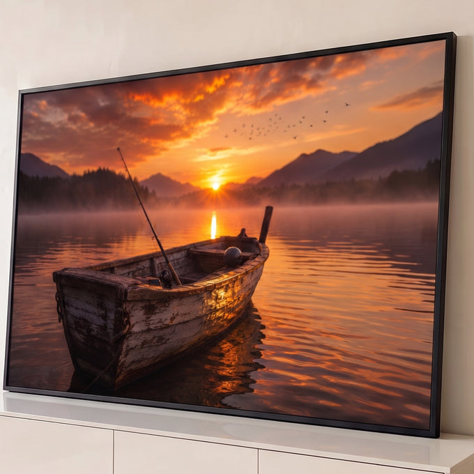 Quadro Decorativo Grande Barco de Pesca Laranja para Sala | quadros decorativos para sala | barco de madeira vazio sobre lago com neblina ao pôr do sol laranja | Porao dos Quadros