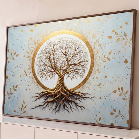 Árvore da Vida dourada com raízes dentro de círculo de ouro sobre fundo claro com folhas, quadro decorativo