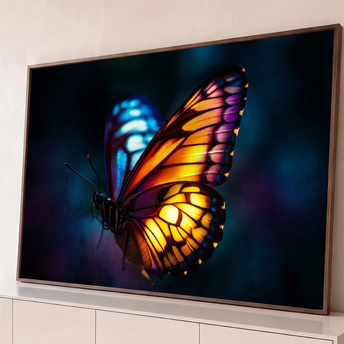 Quadro Decorativo Grande Borboleta com Asas para Sala | quadros decorativos para sala | borboleta com asa laranja e roxa de um lado e asa azul turquesa do outro, fundo escuro | Porao dos Quadros