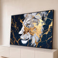 Quadro Decorativo Grande Leão Branco para Sala Azul | quadros decorativos para sala | leão branco de perfil com rachaduras douradas sobre fundo azul marmorizado | Porao dos Quadros