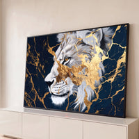 Quadro Decorativo Grande Leão Mármore Dourado para Sala Azul - Borda Infinita / 65x100cm