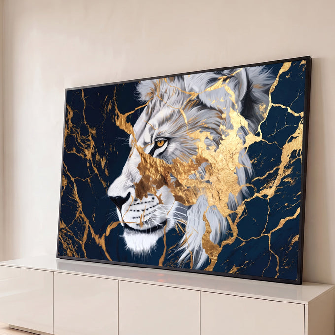 Quadro Decorativo Grande Leão Branco para Sala Azul | quadros decorativos para sala | leão branco de perfil com rachaduras douradas sobre fundo azul marmorizado | Porao dos Quadros