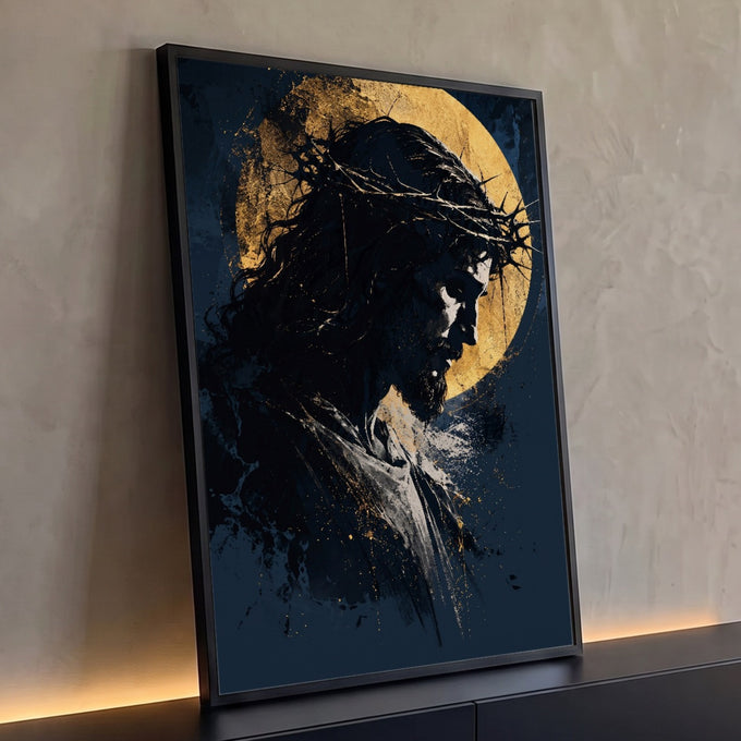 Quadro Decorativo Grande Jesus Espinhos para Sala Azul | quadros decorativos para sala | perfil de Jesus com coroa de espinhos e halo dourado sobre fundo azul escuro | Porao dos Quadros