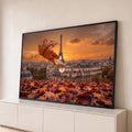 Folha de outono com gota d'água refletindo a Torre Eiffel, Paris ao pôr do sol laranja, quadro decorativo