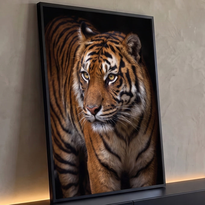 Tigre em close com pelagem laranja e listras pretas, olhar âmbar e fundo escuro, quadro decorativo