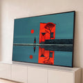 Casa vermelha, sol e homem de chapéu refletidos na água azul, arte surreal, quadro decorativo