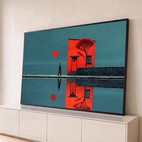 Casa vermelha, sol e homem de chapéu refletidos na água azul, arte surreal, quadro decorativo