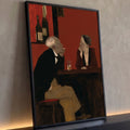 Quadro Decorativo Casal Conversando no Bar em Vermelho | quadros decorativos para sala | homem idoso fumando e mulher pensativa num balcão de bar vermelho | Porao dos Quadros