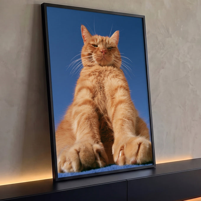Quadro Decorativo Gato Laranja Sentado em Fundo Azul | quadros decorativos para sala | gato laranja tigrado sentado em ângulo baixo com fundo azul | Porao dos Quadros