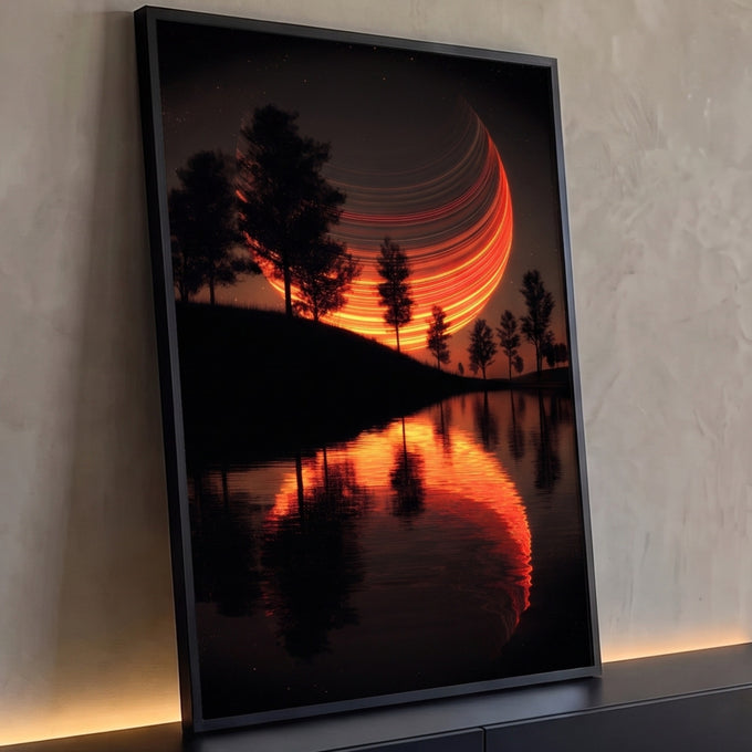 Lua com listras de luz laranja atrás de árvores em silhueta refletida em lago à noite, quadro decorativo