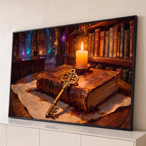 Livro antigo de couro com chave dourada e vela acesa em biblioteca mágica gótica, quadro decorativo