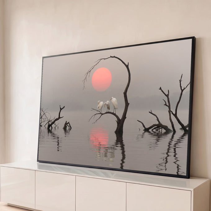 Quadro Decorativo Grande Garças Brancas para Sala Cinza | quadros decorativos para sala | três garças brancas em galho seco sobre lago enevoado com sol rosa ao fundo | Porao dos Quadros