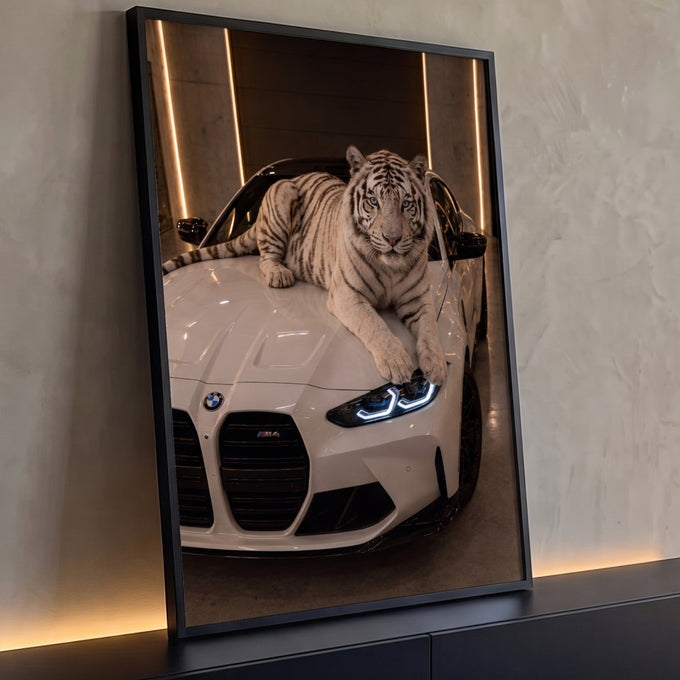 Tigre branco de olhos azuis deitado no capô de carro esportivo branco com faróis acesos, quadro decorativo