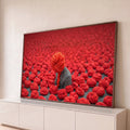 Quadro Decorativo Grande Figura para Sala Vermelho | quadros decorativos para sala | figura de blazer cinza com cabeça feita de novelo de lã vermelha em campo de novelos | Porao dos Quadros