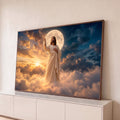 Quadro Decorativo Grande Jesus Cristo Lua para Sala Dourado | quadros decorativos para sala | figura de Jesus em túnica branca com lua cheia atrás da cabeça sobre nuvens | Porao dos Quadros