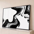 Curvas fluidas de tinta preta sobre fundo branco em alto contraste, abstrato quadro decorativo