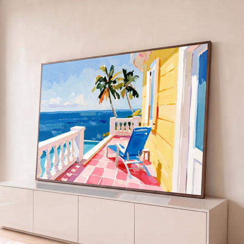 Pintura de varanda tropical frente ao mar azul com palmeiras, cadeira azul e piso rosa, quadro decorativo