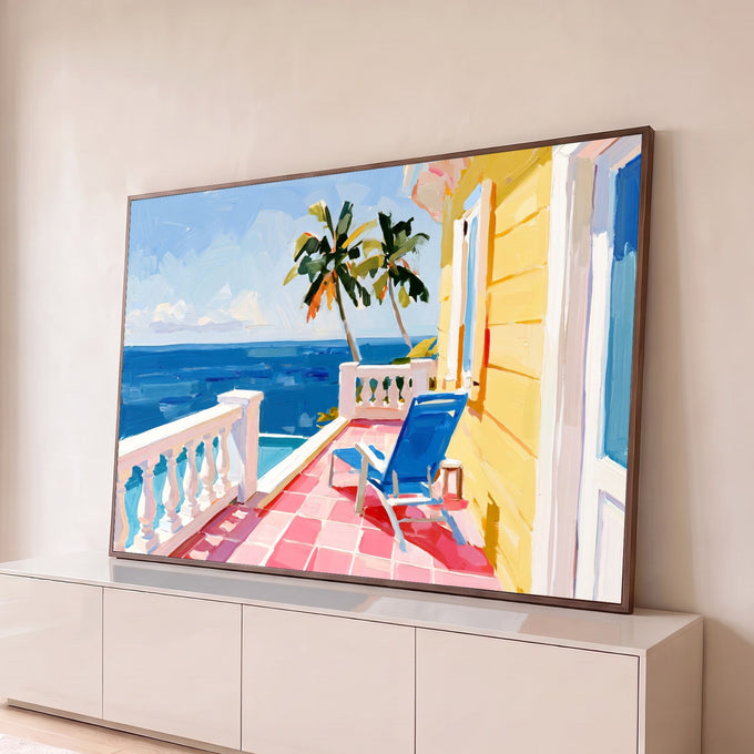Pintura de varanda tropical frente ao mar azul com palmeiras, cadeira azul e piso rosa, quadro decorativo