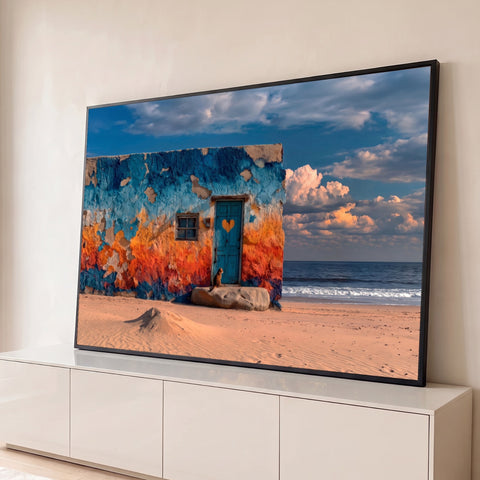 Casa de praia azul e laranja com porta de coração, gato na soleira e mar ao fundo, quadro decorativo