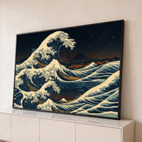 Quadro Decorativo Grande Onda de Hokusai para Sala Azul - Borda Infinita / 65x100cm