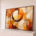 Pintura abstrata com arcos marrons e linhas finas sobre blocos laranja e bege, quadro decorativo