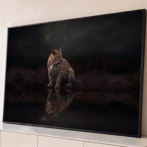 Leopardo sentado à beira do lago refletido na água escura sob a lua, quadro decorativo