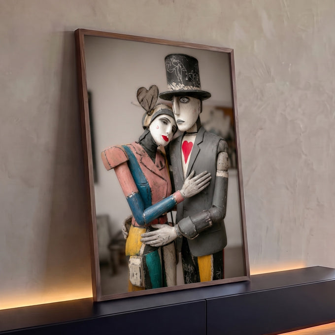 Casal de madeira pintada abraçado, homem de cartola e terno cinza com coração vermelho, quadro decorativo